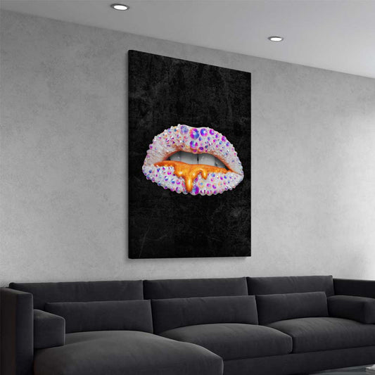 Purple Diamonds stretched canvas displayed from an angle in a room - part of our high quality canvas lips wall art collection