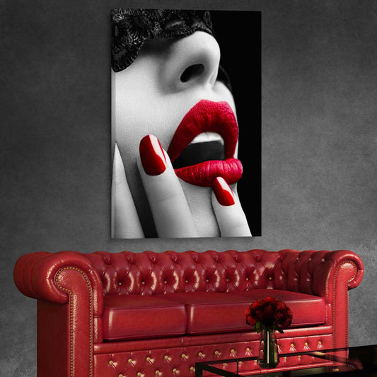Subtle Desire stretched canvas displayed from an angle in a room - part of our high quality canvas lips wall art collection