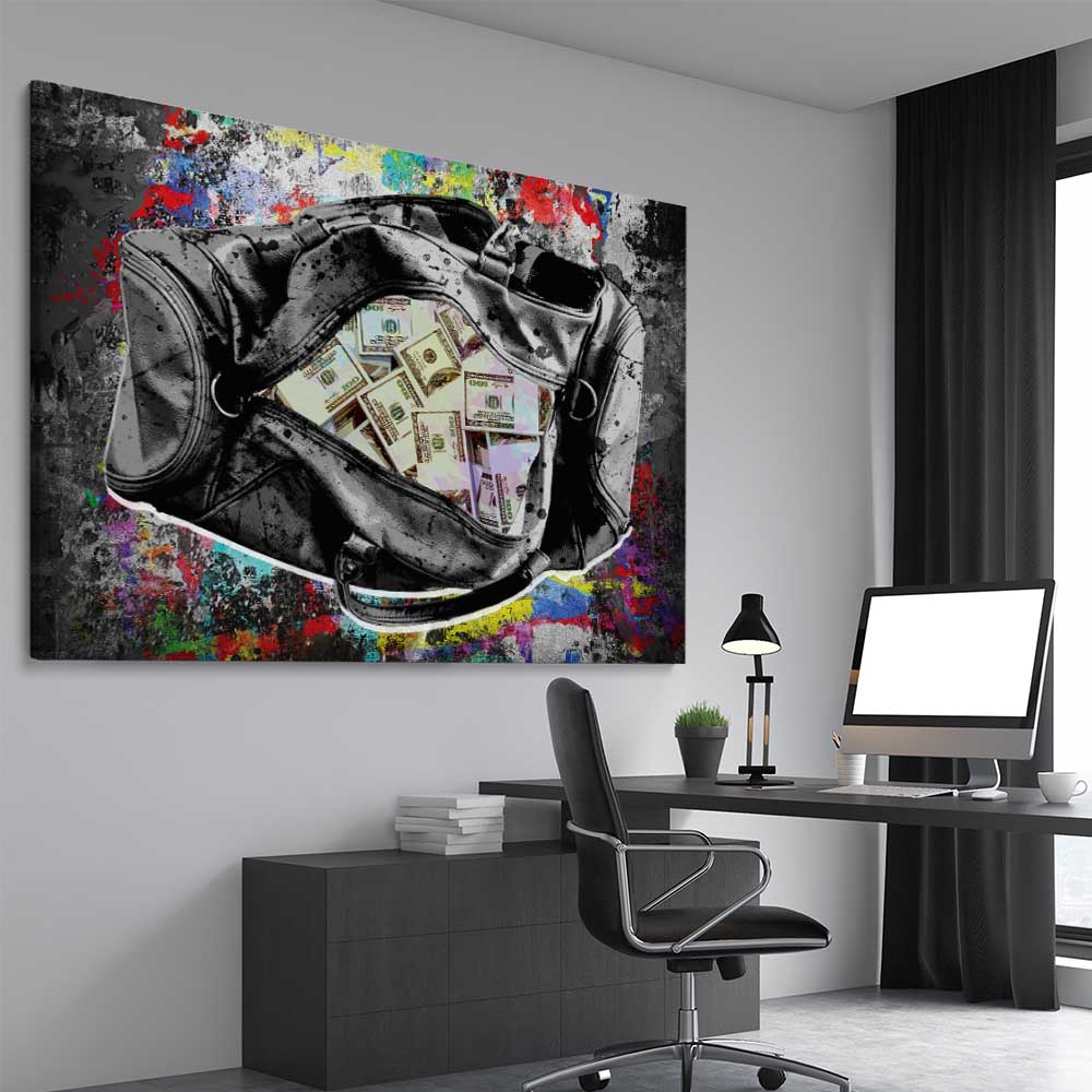 Money wall art print of Cash Duffel on a stretched canvas displayed from an angle in a room