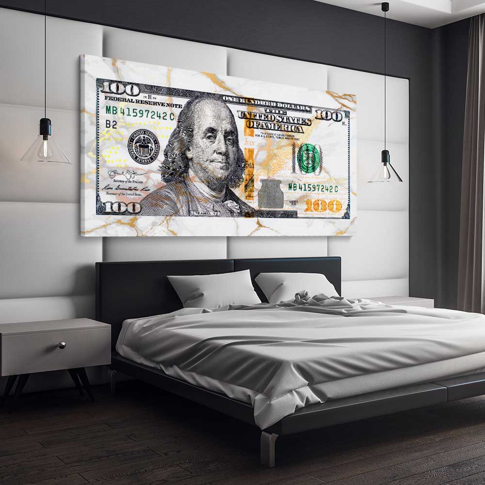 Money wall art print of Marble Bill on a stretched canvas displayed from an angle in a room