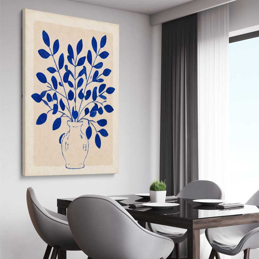 Floral print of Indigo Botanica on a stretched canvas displayed from an angle in a room