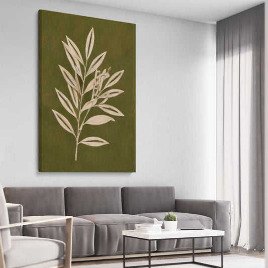 Floral print of Olive Branch on a stretched canvas displayed from an angle in a room