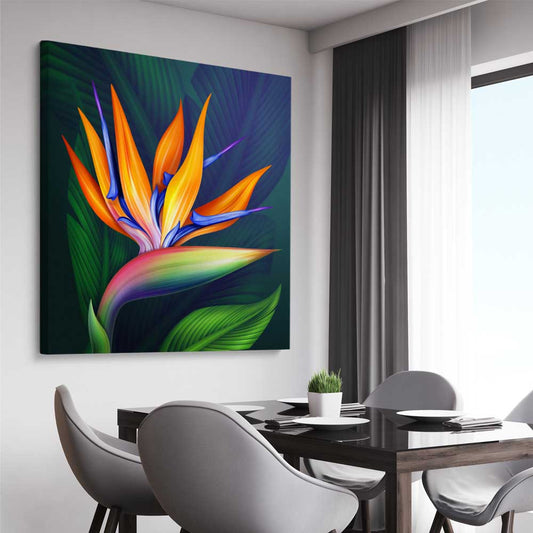 Floral print of Bird of Paradise Illustration on a stretched canvas displayed from an angle in a room