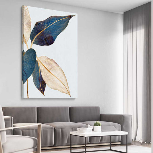 Floral print of Botanic Blue One on a stretched canvas displayed from an angle in a room