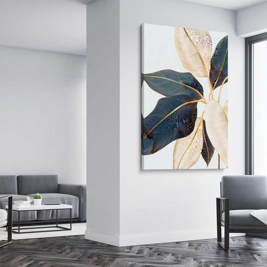 Floral print of Botanic Blue Three on a stretched canvas displayed from an angle in a room