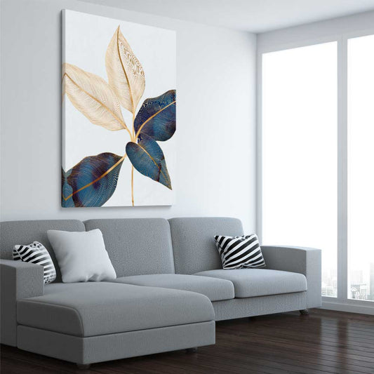 Floral print of Botanic Blue Two on a stretched canvas displayed from an angle in a room