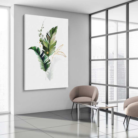 Floral print of Botanic Gold One on a stretched canvas displayed from an angle in a room