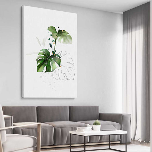 Floral print of Botanic Gold Three on a stretched canvas displayed from an angle in a room