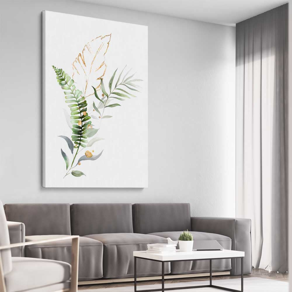 Floral print of Botanic Gold Two on a stretched canvas displayed from an angle in a room