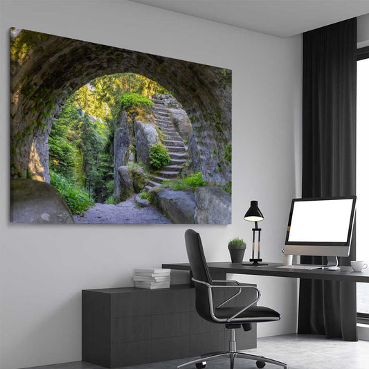 Floral print of Broumovske Steny Arch on a stretched canvas displayed from an angle in a room