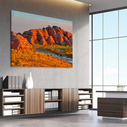 Floral print of Bungle Bungles on a stretched canvas displayed from an angle in a room