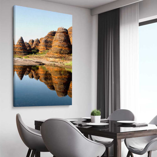 Floral print of Bungles Reflection on a stretched canvas displayed from an angle in a room