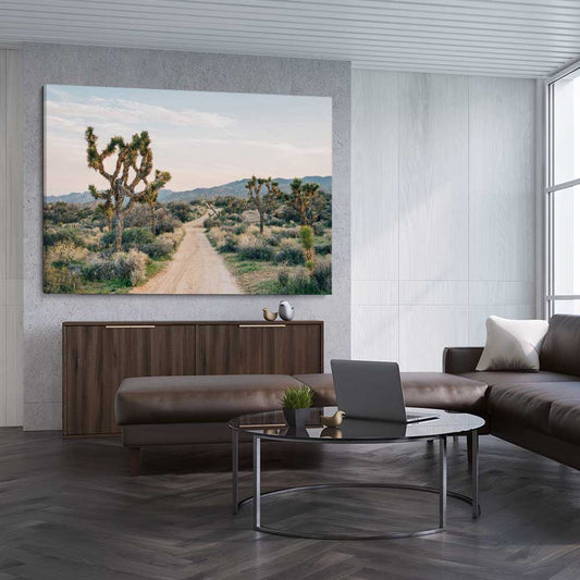 Floral print of California Desert on a stretched canvas displayed from an angle in a room