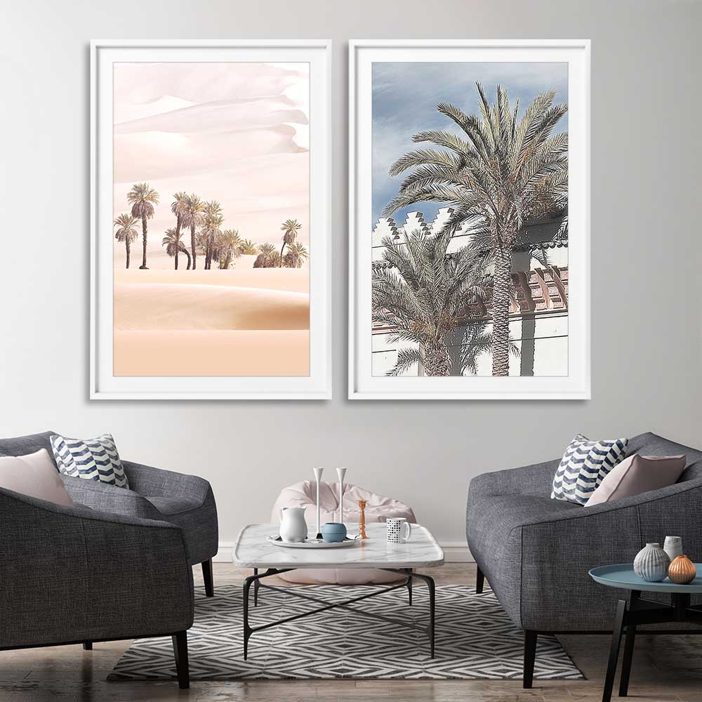 Floral print of Desert Dunes Pair on a stretched canvas displayed from an angle in a room