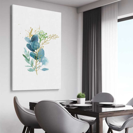 Floral print of Eucalyptus Bunch One on a stretched canvas displayed from an angle in a room