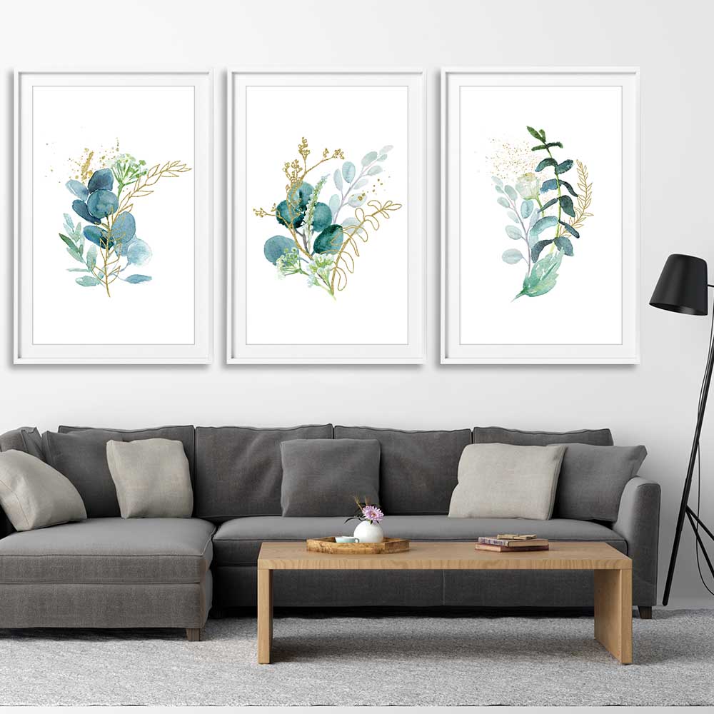 Floral print of Eucalyptus Bunch Set on a stretched canvas displayed from an angle in a room