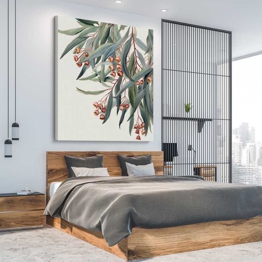 Floral print of Eucalyptus Illustration on a stretched canvas displayed from an angle in a room