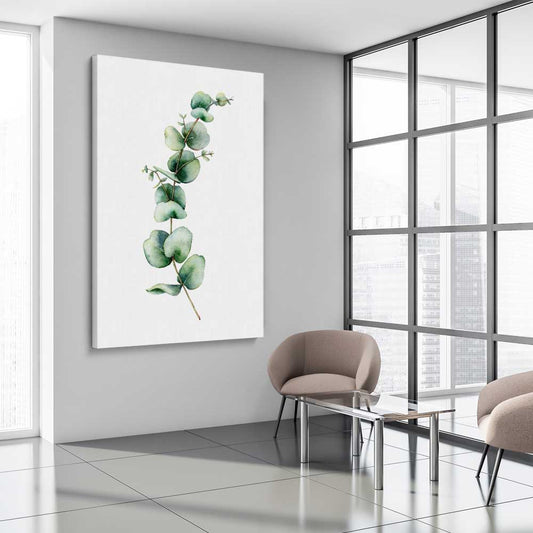Floral print of Eucalyptus One on a stretched canvas displayed from an angle in a room