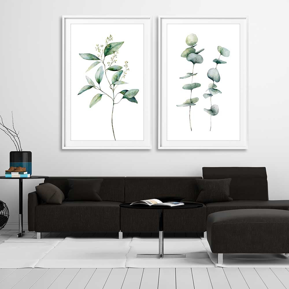 Floral print of Eucalyptus Pair One on a stretched canvas displayed from an angle in a room