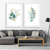 Floral print of Eucalyptus Pair Two on a stretched canvas displayed from an angle in a room