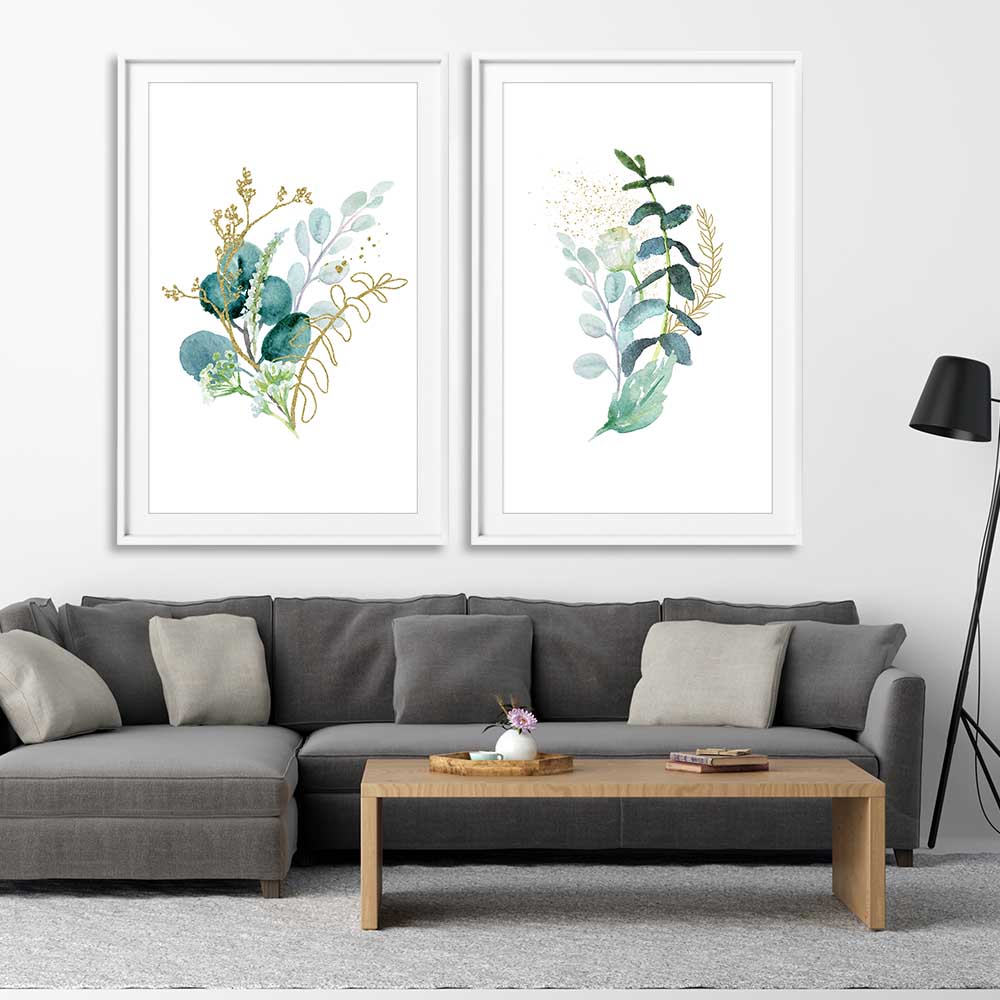 Floral print of Eucalyptus Pair Two on a stretched canvas displayed from an angle in a room