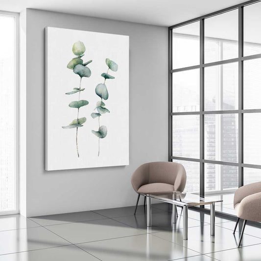 Floral print of Eucalyptus Three on a stretched canvas displayed from an angle in a room