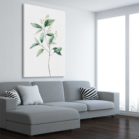 Floral print of Eucalyptus Two on a stretched canvas displayed from an angle in a room
