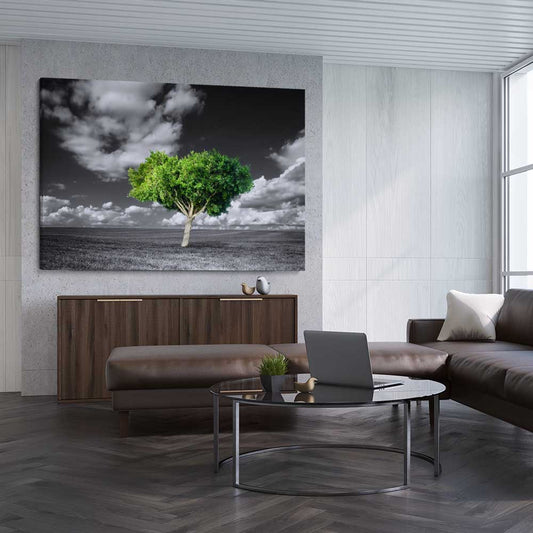 Floral print of Green Tree Horizon on a stretched canvas displayed from an angle in a room