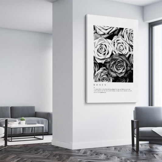 Floral print of Grey Flowers Typo on a stretched canvas displayed from an angle in a room