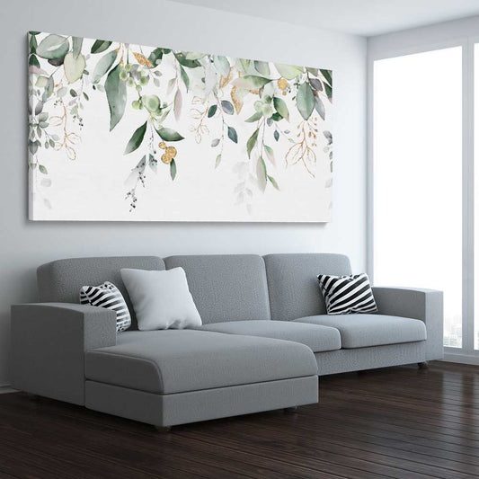Floral print of Hanging Eucalyptus on a stretched canvas displayed from an angle in a room