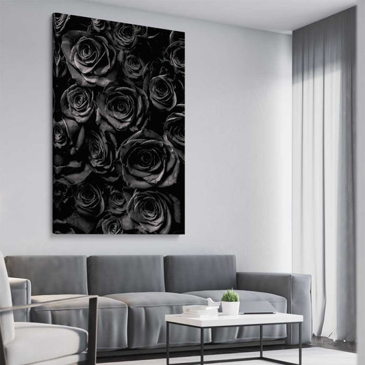 Floral print of Hidden Roses on a stretched canvas displayed from an angle in a room