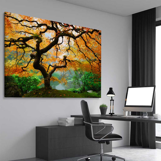 Floral print of Japanese Maple Tree on a stretched canvas displayed from an angle in a room