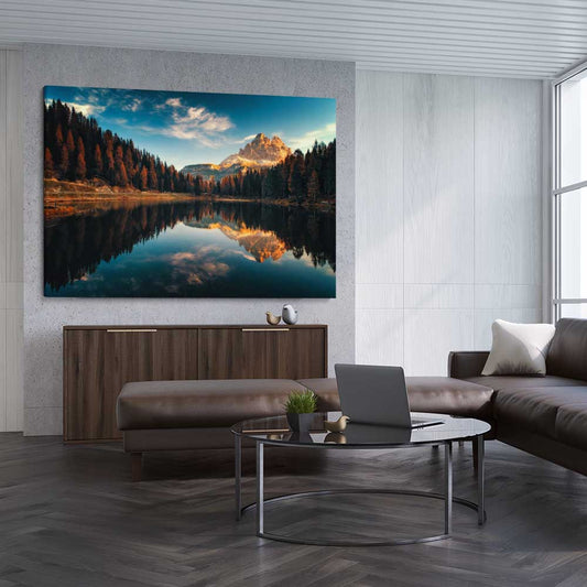 Floral print of Lago Antorno on a stretched canvas displayed from an angle in a room