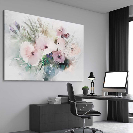 Floral print of Light Poppy Flowers on a stretched canvas displayed from an angle in a room