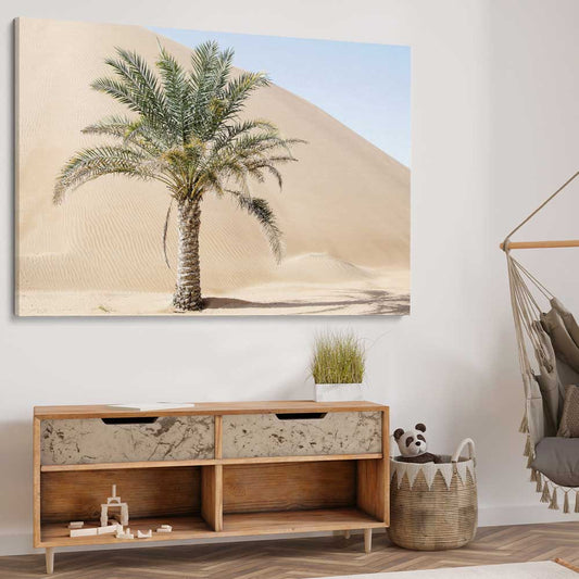 Floral print of Liwa Dunes on a stretched canvas displayed from an angle in a room