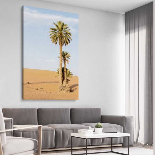 Floral print of Moroccan Palms on a stretched canvas displayed from an angle in a room