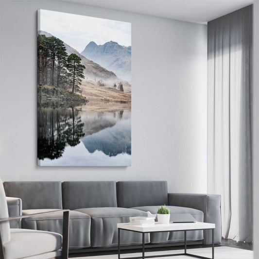 Floral print of Mountain Fog on a stretched canvas displayed from an angle in a room