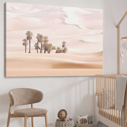 Floral print of Oasis Dunes on a stretched canvas displayed from an angle in a room