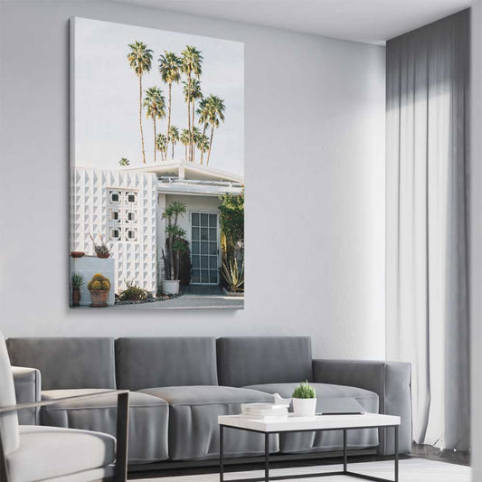Floral print of Palm Springs Sky on a stretched canvas displayed from an angle in a room