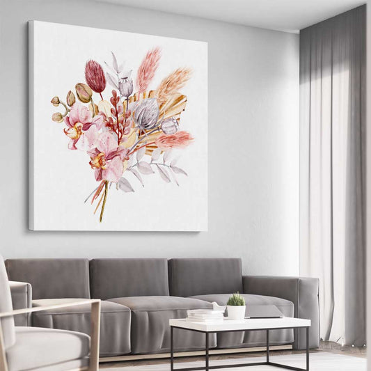 Floral print of Pampas Bunch on a stretched canvas displayed from an angle in a room