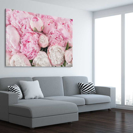Floral print of Peony Bouquet on a stretched canvas displayed from an angle in a room