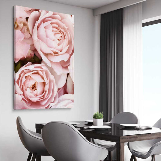 Floral print of Peony Pastel on a stretched canvas displayed from an angle in a room