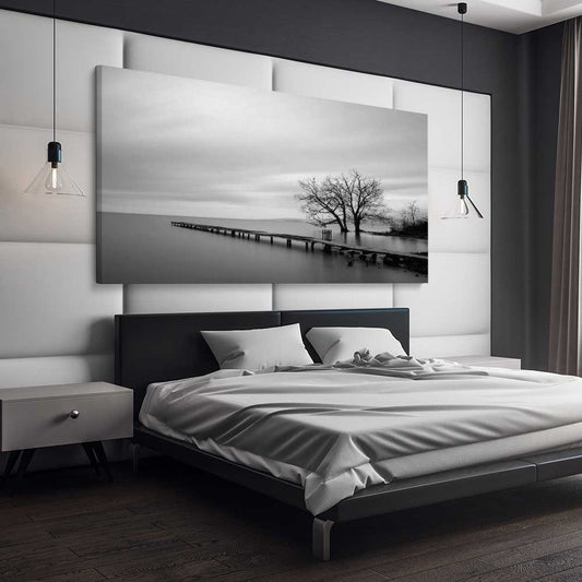 Floral print of Pier Silhouette on a stretched canvas displayed from an angle in a room