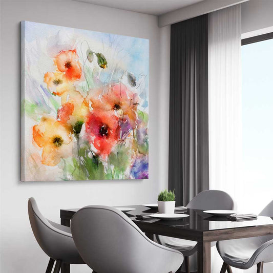 Floral print of Red Watercolour Poppies on a stretched canvas displayed from an angle in a room