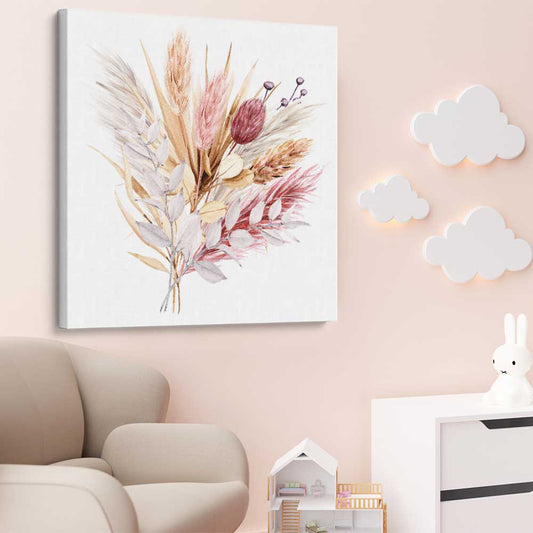 Floral print of Rustic Pampas on a stretched canvas displayed from an angle in a room