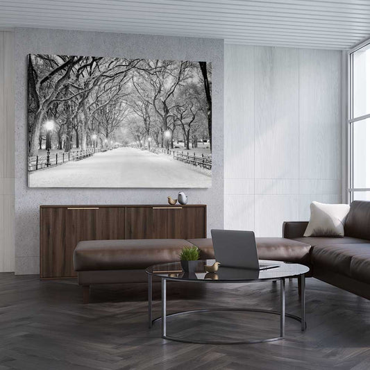 Floral print of Snowy Central Park on a stretched canvas displayed from an angle in a room
