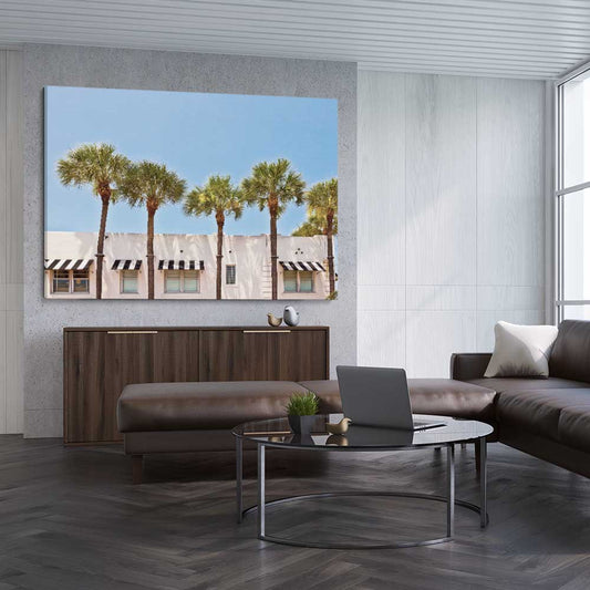 Floral print of South Miami Palms on a stretched canvas displayed from an angle in a room