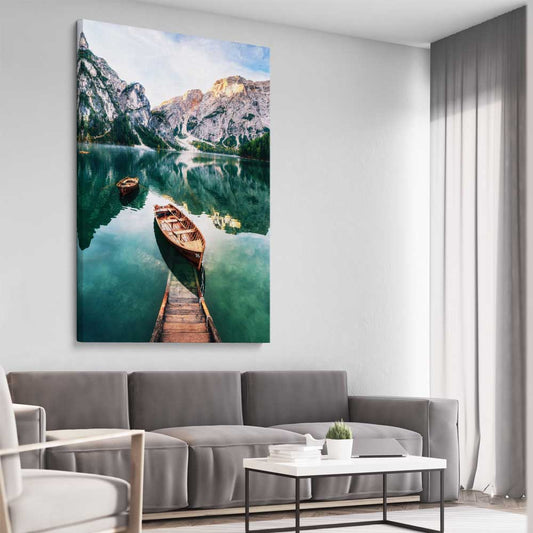 Floral print of Tranquil Lake on a stretched canvas displayed from an angle in a room