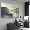 Floral print of Tranquil Wooden Boat on a stretched canvas displayed from an angle in a room