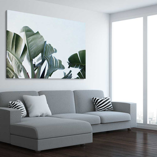 Floral print of Tropical Banana Palm on a stretched canvas displayed from an angle in a room